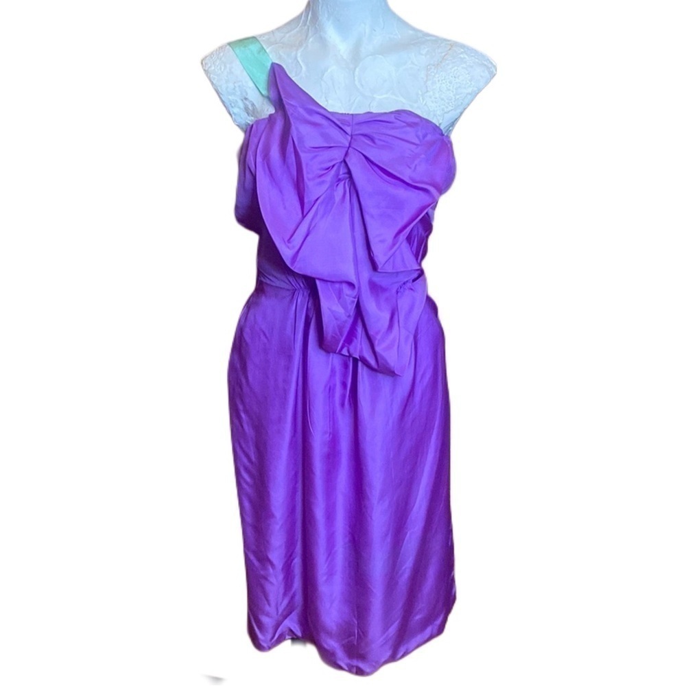 Miguelina Romantic Royal Purple One Shoulder Ruched Bow midi Dress Silk size S